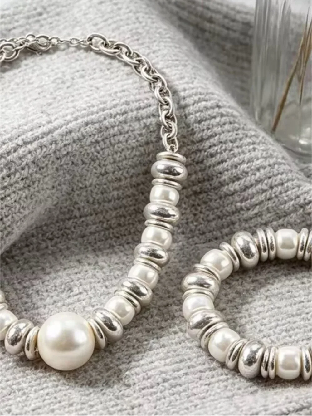 Silver tone and Pearl accent Statement Necklace & Bracelet Set